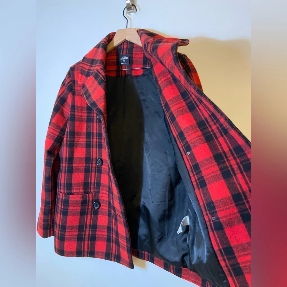 Kate spade SATURDAY scotch plaid wool blend pea coat Red Black Sz S